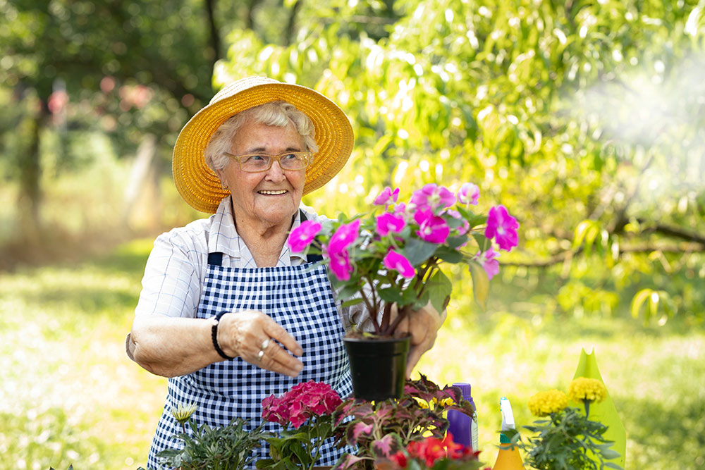 Senior woman gardening outside at senior living community