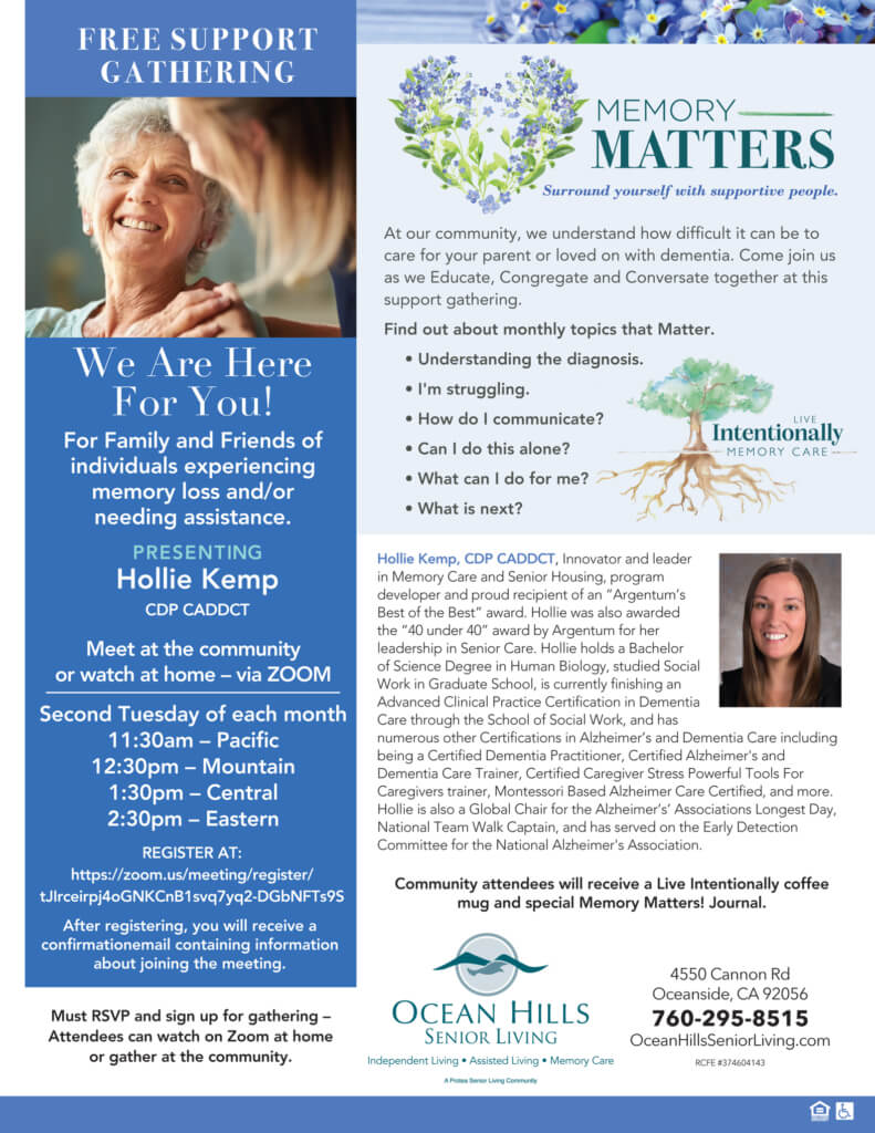 Ocean Hills Memory Matter support group flyer